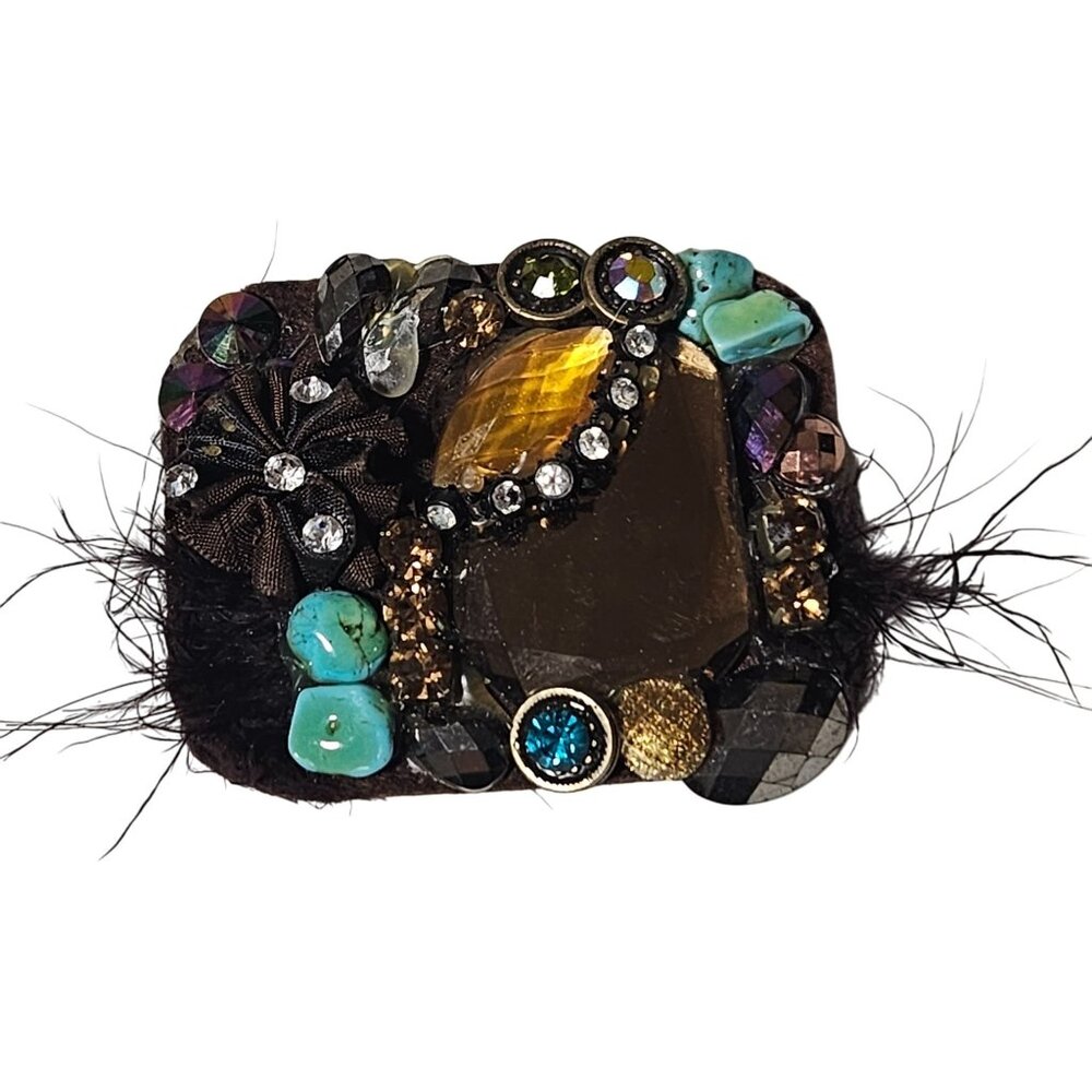 Handcrafted Statement Brooch Pin Turquoise Rhinestones Gemstones Feathers Women